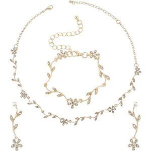 Gold Bridal Jewelry Set Crystal Necklace Earrings Bracelet Wedding Rhinestone